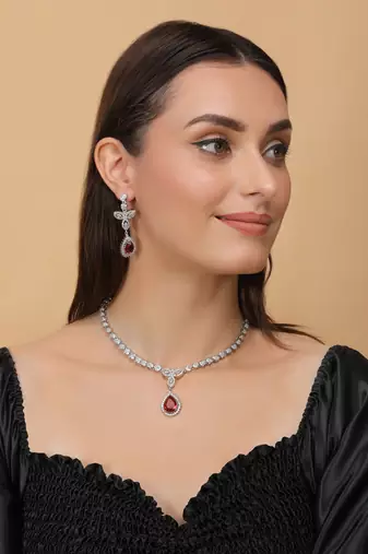 Silver Plated Hydro Ruby and CZ Stone Designer Necklace 317FNNN358