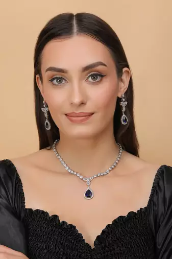 Silver Plated Blue and CZ Stone Designer Necklace 317FNNN359