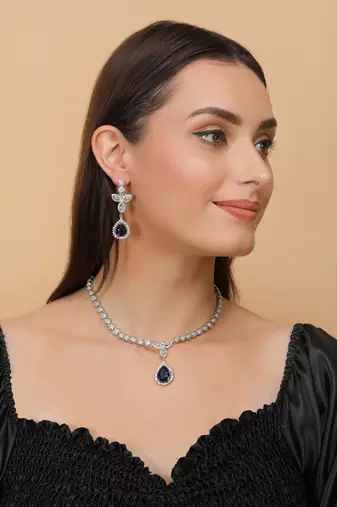 Silver Plated Blue and CZ Stone Designer Necklace 317FNNN359