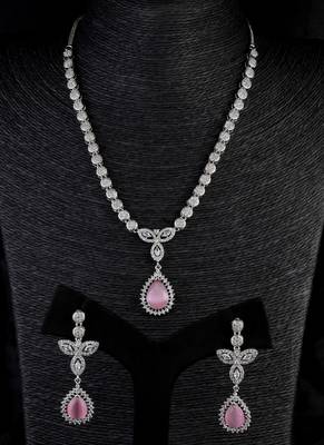 Silver Plated Pink and CZ Stone Designer Necklace 317FNNN360 1