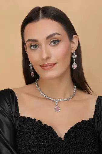 Silver Plated Pink and CZ Stone Designer Necklace 317FNNN360