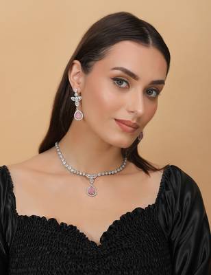 Silver Plated Pink and CZ Stone Designer Necklace 317FNNN360 4
