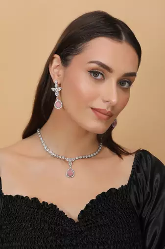 Silver Plated Pink and CZ Stone Designer Necklace 317FNNN360