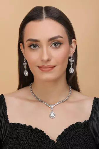 Silver Plated White and CZ Stone Designer Necklace 317FNNN361
