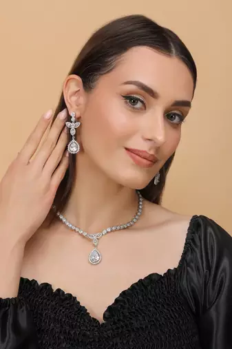 Silver Plated White and CZ Stone Designer Necklace 317FNNN361
