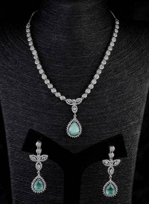 Silver Plated Sea Green and CZ Stone Designer Necklace 317FNNN362 1