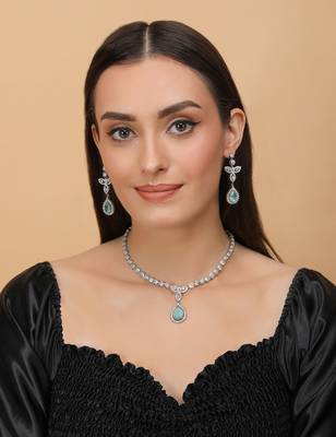 Silver Plated Sea Green and CZ Stone Designer Necklace 317FNNN362 2