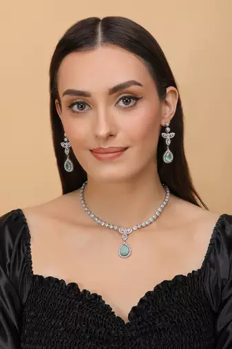 Silver Plated Sea Green and CZ Stone Designer Necklace 317FNNN362