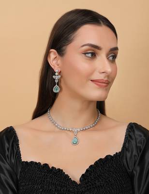 Silver Plated Sea Green and CZ Stone Designer Necklace 317FNNN362 3