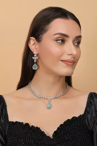 Silver Plated Sea Green and CZ Stone Designer Necklace 317FNNN362