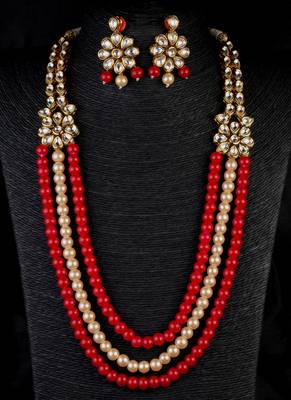 Pearl, red stone and kundan embellished wedding essential necklace 317fnn393 1