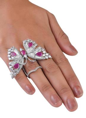 Silver plated ruby and cz party wear butterfly finger ring fr58 1