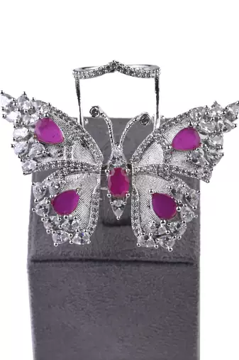Silver plated ruby and cz party wear butterfly finger ring fr58