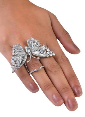 Silver Plated White and CZ Party Wear Butterfly Finger Ring FR59 1