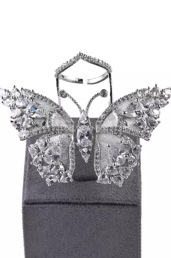 Silver Plated White and CZ Party Wear Butterfly Finger Ring FR59