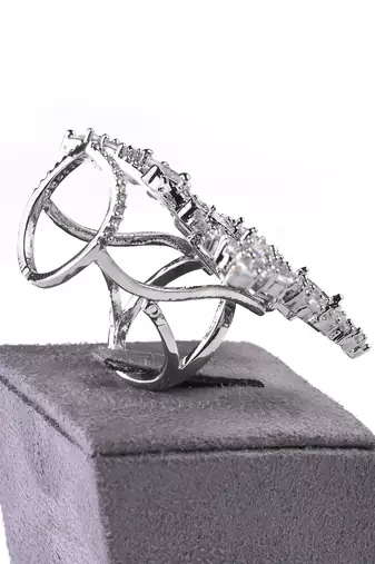 Silver Plated White and CZ Party Wear Butterfly Finger Ring FR59