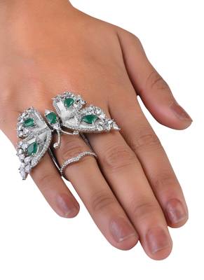 Silver Plated Emerald and CZ Party Wear Butterfly Finger Ring FR60 1