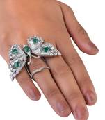 Silver Plated Emerald and CZ Party Wear Butterfly Finger Ring FR60