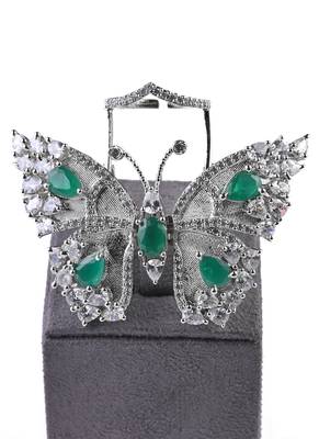Silver Plated Emerald and CZ Party Wear Butterfly Finger Ring FR60 3