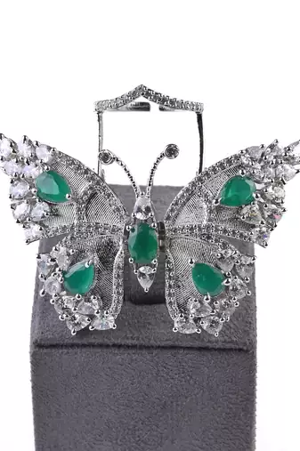Silver Plated Emerald and CZ Party Wear Butterfly Finger Ring FR60