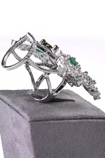 Silver Plated Emerald and CZ Party Wear Butterfly Finger Ring FR60