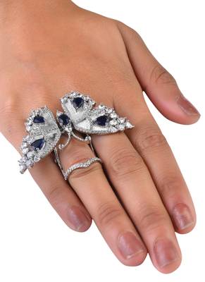 Silver Plated Blue and CZ Party Wear Butterfly Finger Ring FR61 1