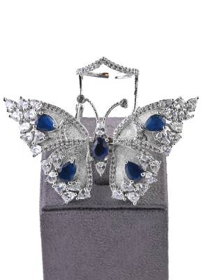 Silver Plated Blue and CZ Party Wear Butterfly Finger Ring FR61 3