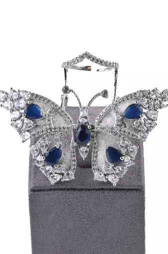 Silver Plated Blue and CZ Party Wear Butterfly Finger Ring FR61