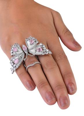 Silver Plated Pink and CZ Party Wear Butterfly Finger Ring FR62 1