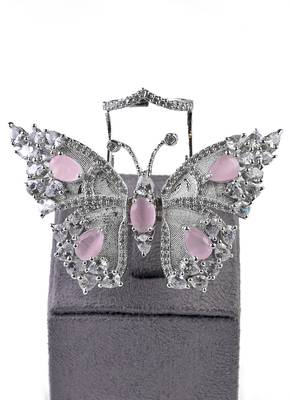 Silver Plated Pink and CZ Party Wear Butterfly Finger Ring FR62 3