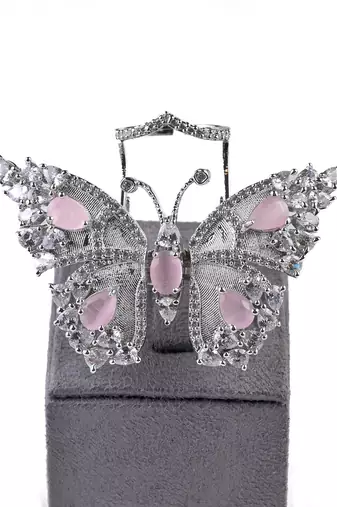 Silver Plated Pink and CZ Party Wear Butterfly Finger Ring FR62