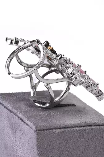 Silver Plated Pink and CZ Party Wear Butterfly Finger Ring FR62