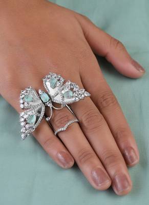 Silver Plated Sea Green and CZ Party Wear Butterfly Finger Ring 216EDFR63 1
