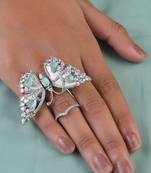 Silver Plated Sea Green and CZ Party Wear Butterfly Finger Ring 216EDFR63