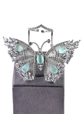 Silver Plated Sea Green and CZ Party Wear Butterfly Finger Ring 216EDFR63 3