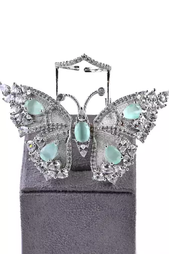 Silver Plated Sea Green and CZ Party Wear Butterfly Finger Ring 216EDFR63