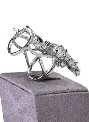 Silver Plated Sea Green and CZ Party Wear Butterfly Finger Ring 216EDFR63 4