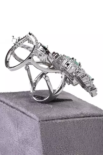 Silver Plated Sea Green and CZ Party Wear Butterfly Finger Ring 216EDFR63