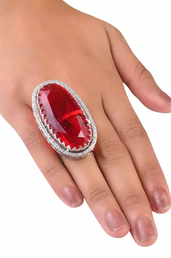 Adjustable party wear cz and stone embellished silver red finger ring fr64