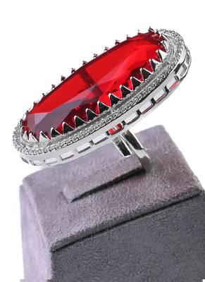 Adjustable party wear cz and stone embellished silver red finger ring fr64 4