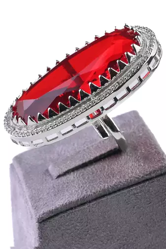 Adjustable party wear cz and stone embellished silver red finger ring fr64