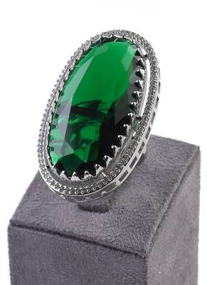 Adjustable Party Wear CZ and Stone Embellished Silver Green Finger Ring FR65 1