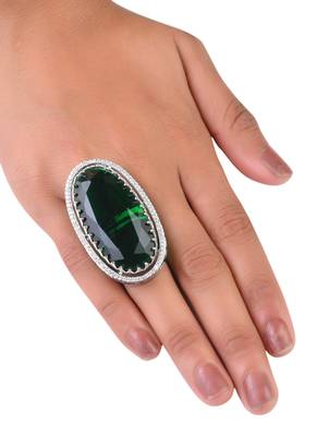 Adjustable Party Wear CZ and Stone Embellished Silver Green Finger Ring FR65 3