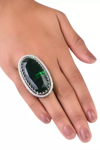 Adjustable Party Wear CZ and Stone Embellished Silver Green Finger Ring FR65