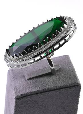 Adjustable Party Wear CZ and Stone Embellished Silver Green Finger Ring FR65 4
