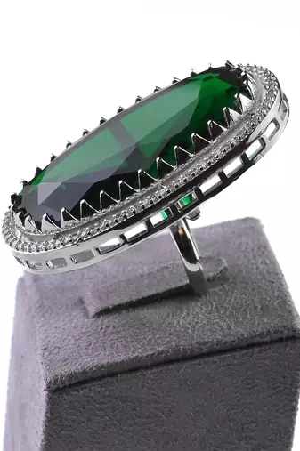 Adjustable Party Wear CZ and Stone Embellished Silver Green Finger Ring FR65
