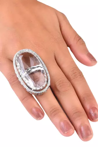 Adjustable Party Wear CZ and Stone Embellished Silver White Finger Ring FR66