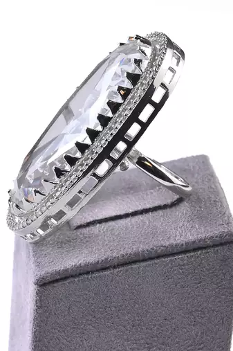 Adjustable Party Wear CZ and Stone Embellished Silver White Finger Ring FR66