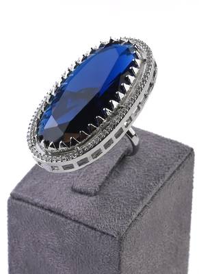 Adjustable Party Wear CZ and Stone Embellished Silver Blue Finger Ring FR67 1