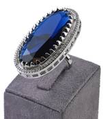Adjustable Party Wear CZ and Stone Embellished Silver Blue Finger Ring FR67